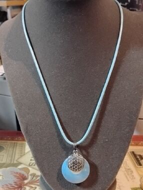 Blue Cord Opalite Pendant Necklace with Flower Of Life Medallion Silver Tone